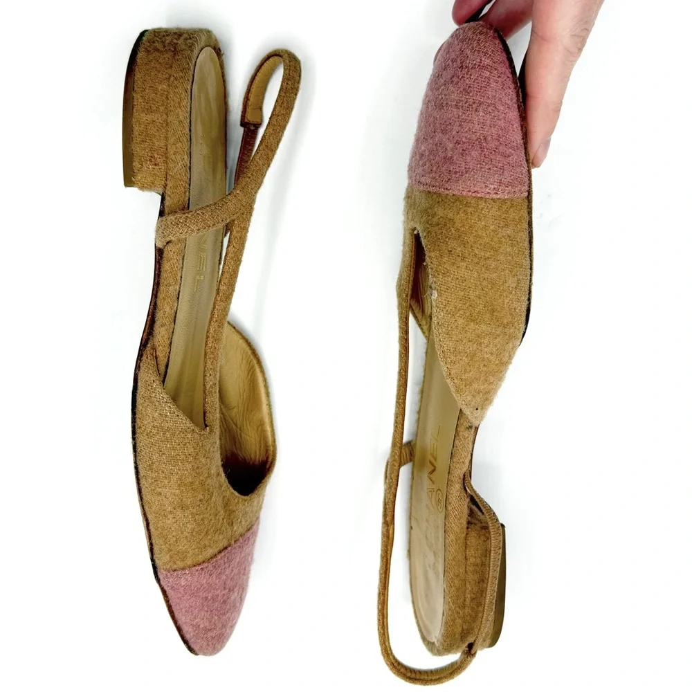 CHANEL 20B Camel and Pink Bi Color Tweed Ballet Slingback Sandal Flats EU 38.5 - Picture 10 of 13